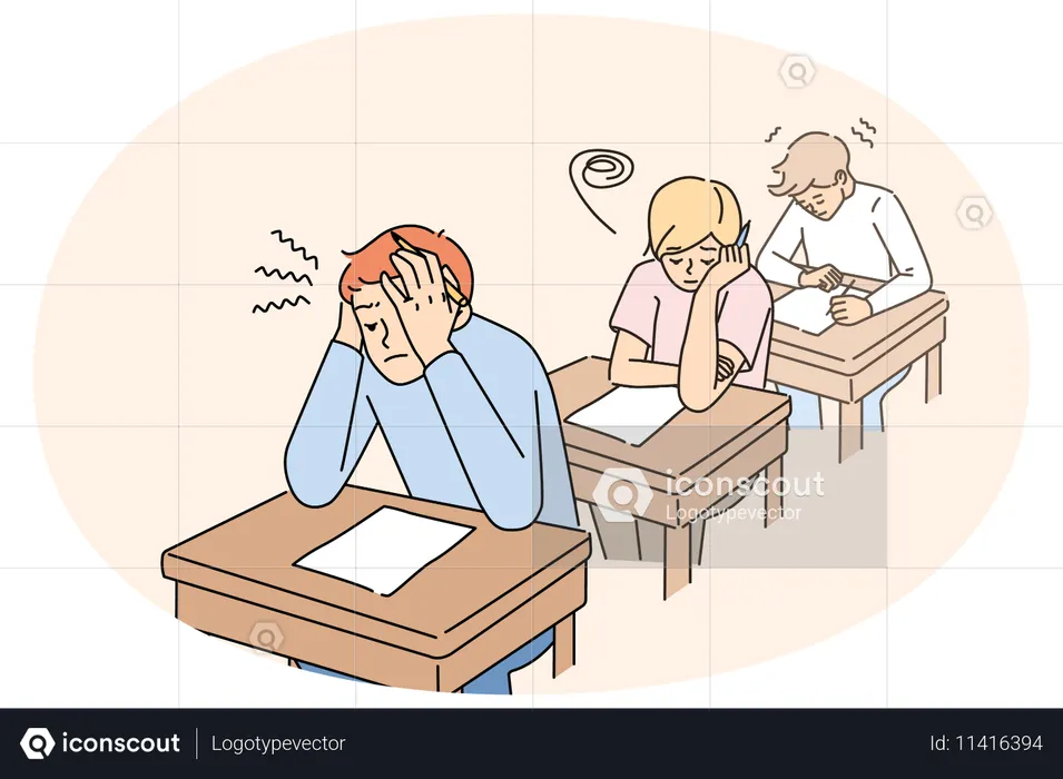 불안한 학생들이 교실에서 시험을 친다  일러스트레이션