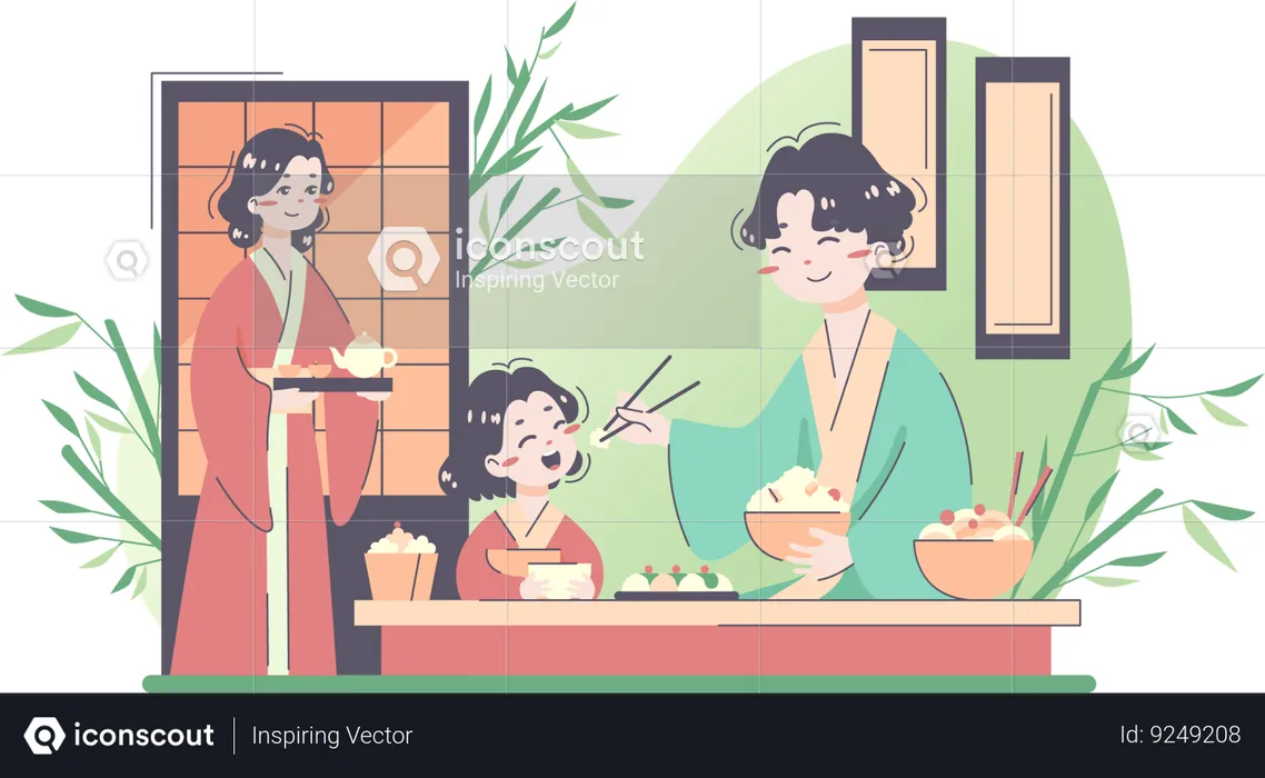 Apanese father feed his girl child  Illustration