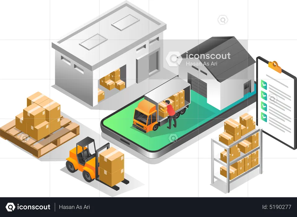Aplicativo de armazém entregando mercadorias  Ilustração