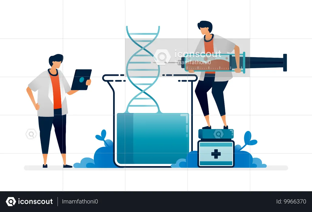 Ärzte und Apotheker injizieren DNA, um genetisch basierte Medikamente herzustellen  Illustration