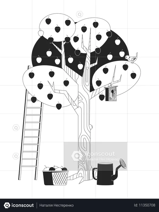 Apple tree with birdhouse and ladder  Illustration