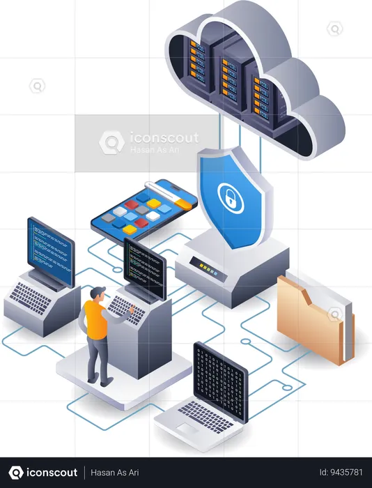 Application developer with security hosting cloud server technology  Illustration
