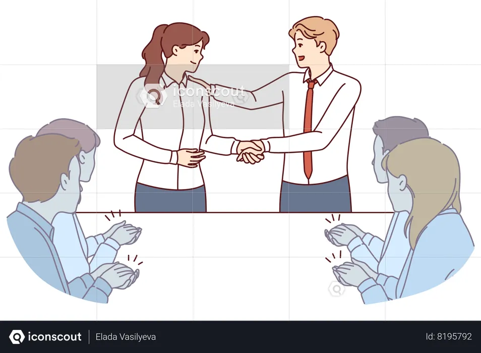 Apretón de manos del jefe y del nuevo empleado de la empresa durante una reunión de negocios con colegas  Ilustración