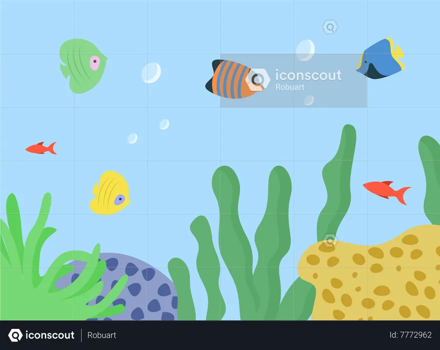 Aquarium with Fish and Seaweed Underwater Species  Illustration