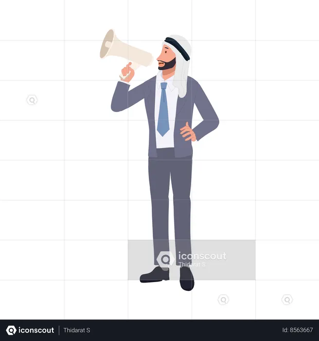 Arab Businessman's Loud Marketing Communication Using Megaphone for Announcement  Illustration