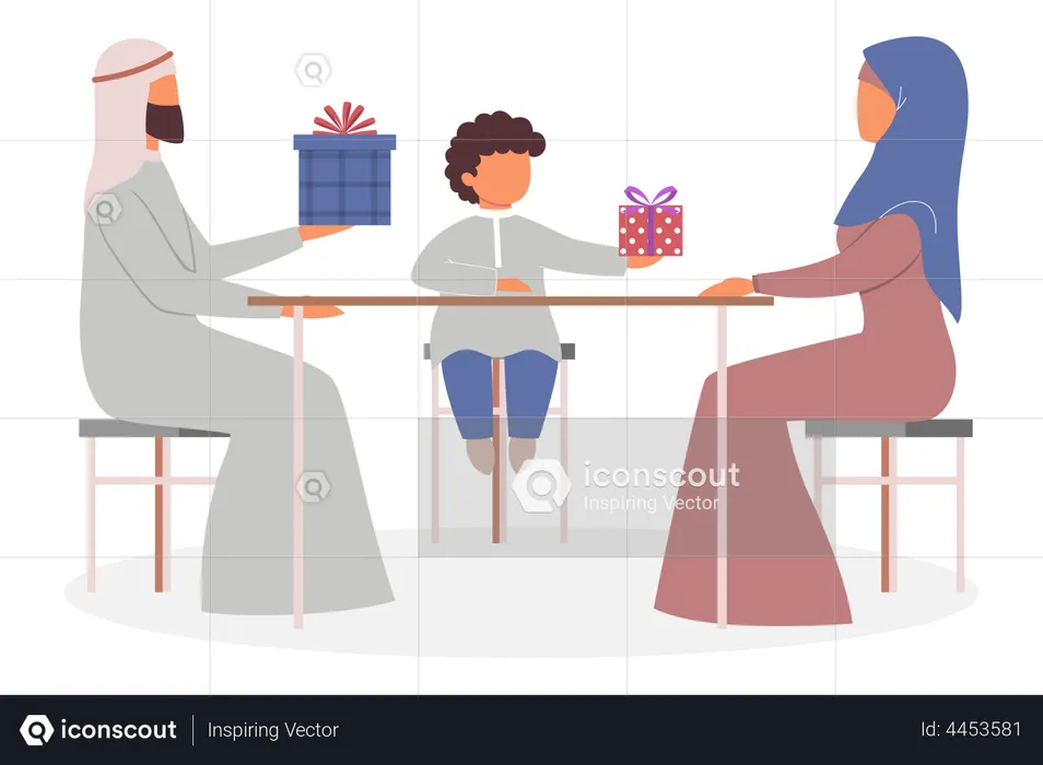 Arab family give gift to each others  Illustration