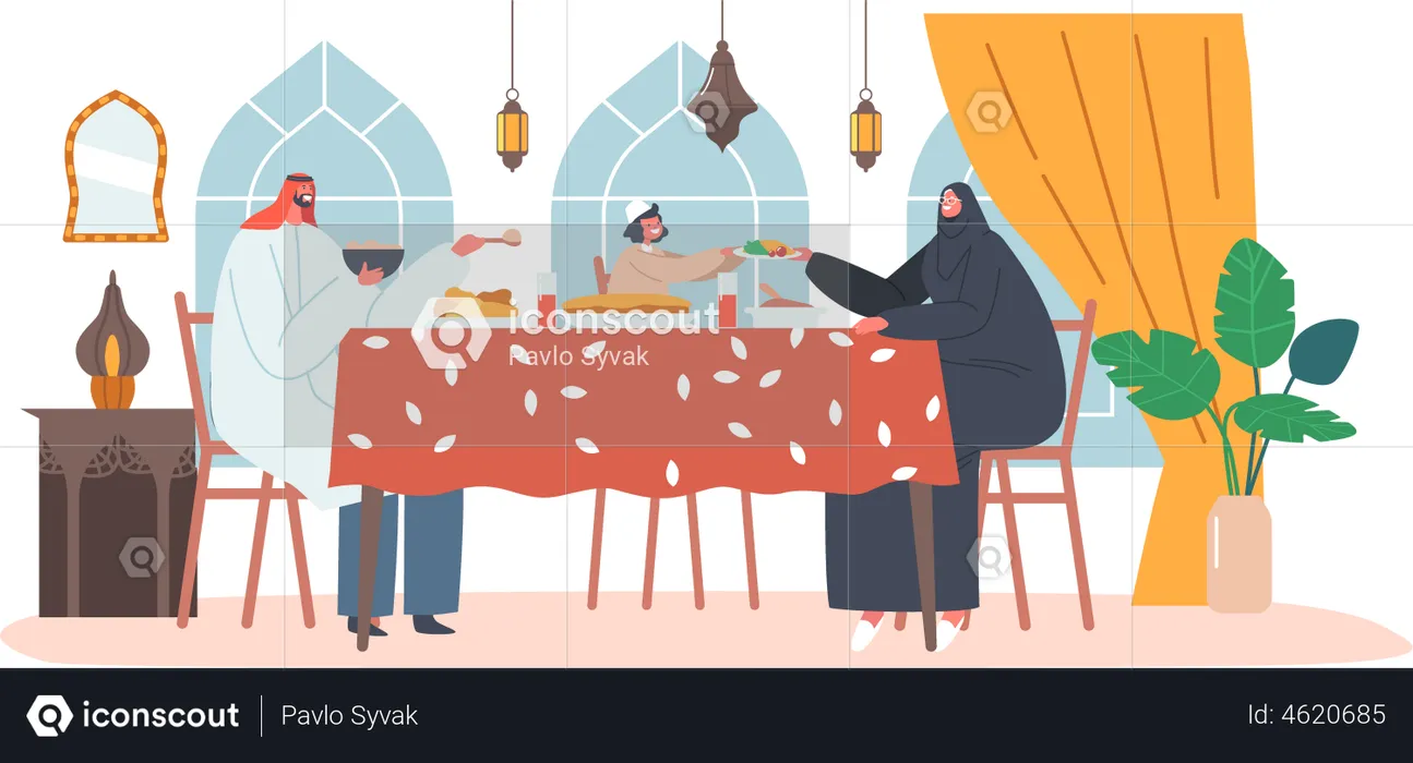 Arab Family Having Dinner Together at Table  Illustration