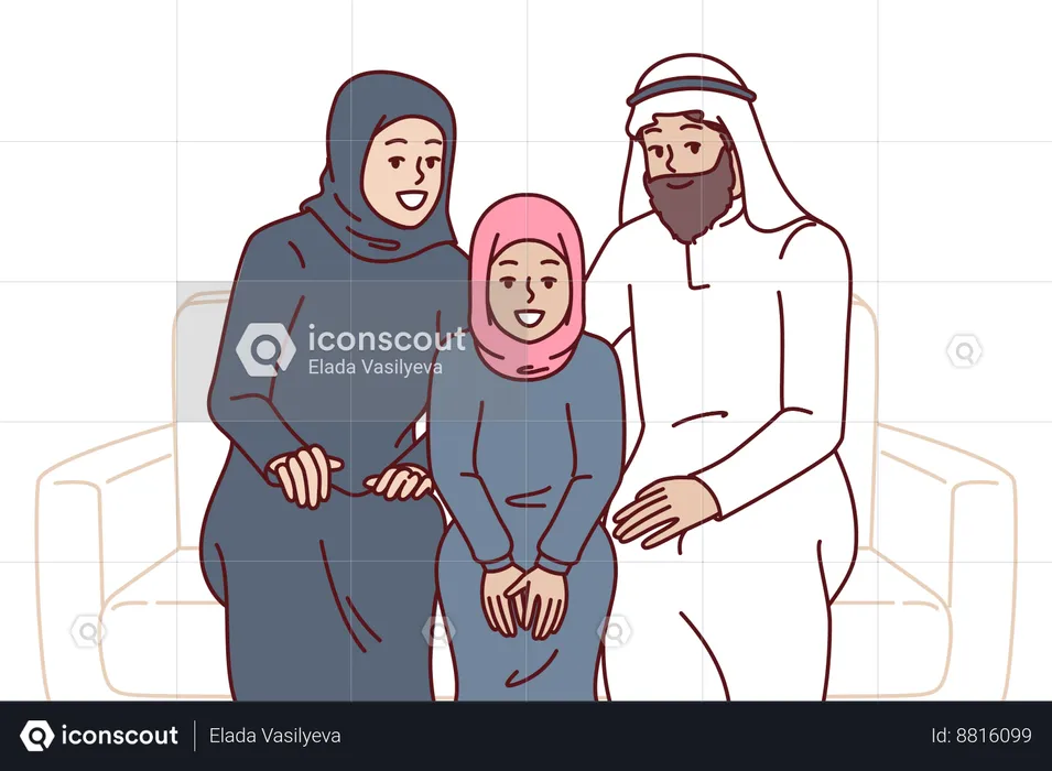 Arab family sits on sofa together  Illustration