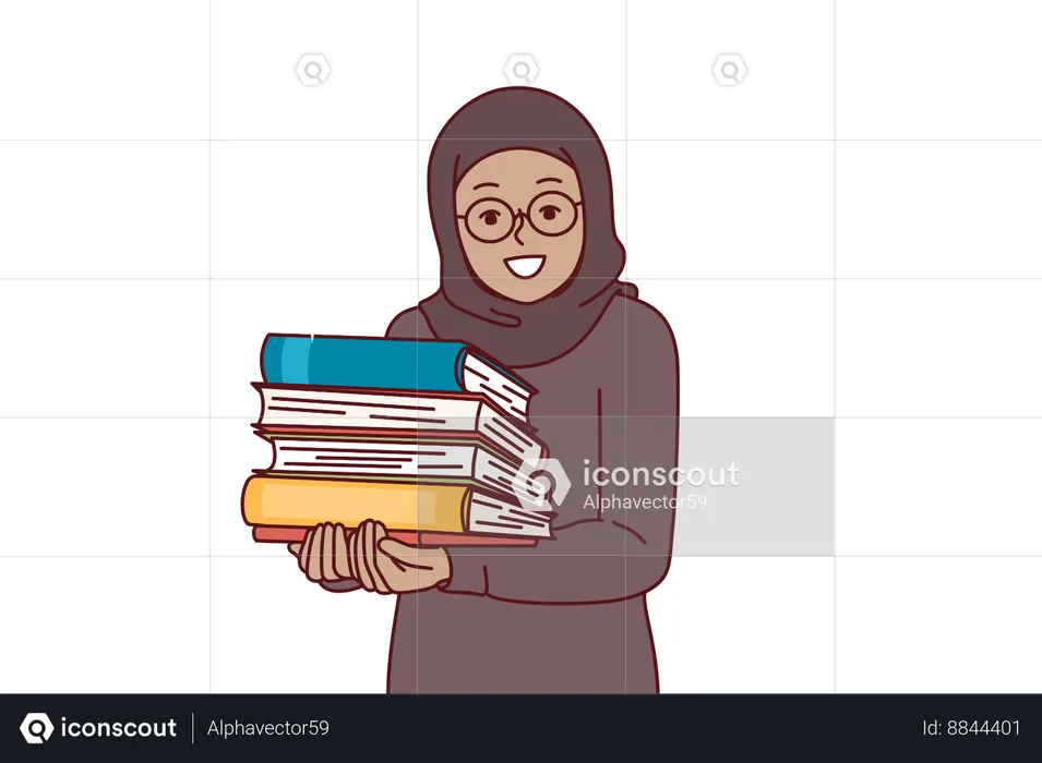 Arab little girl in hijab holds religious books in hands  Illustration