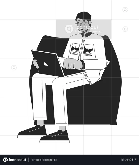 Arab male with laptop sitting in beanbag chair  Illustration