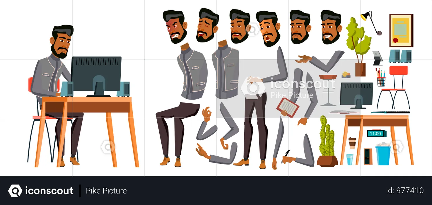 Arab Man Office Worker With Different Body Gesture  Illustration
