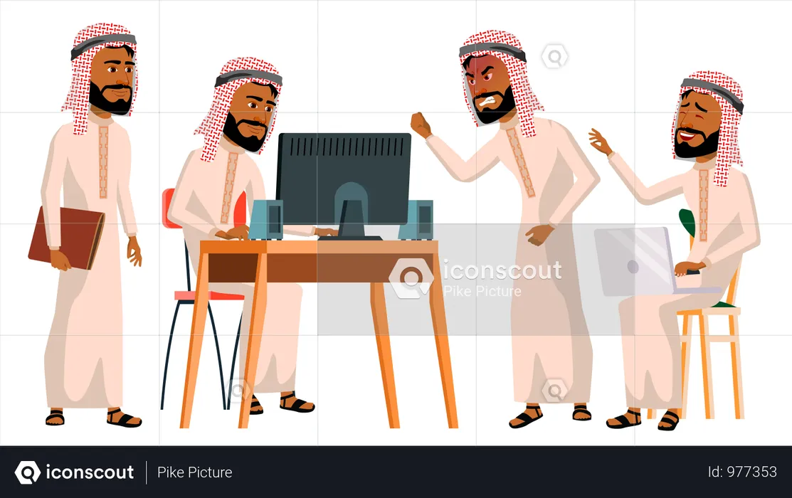 Arab Man Office Worker Working On Desk In Office  Illustration