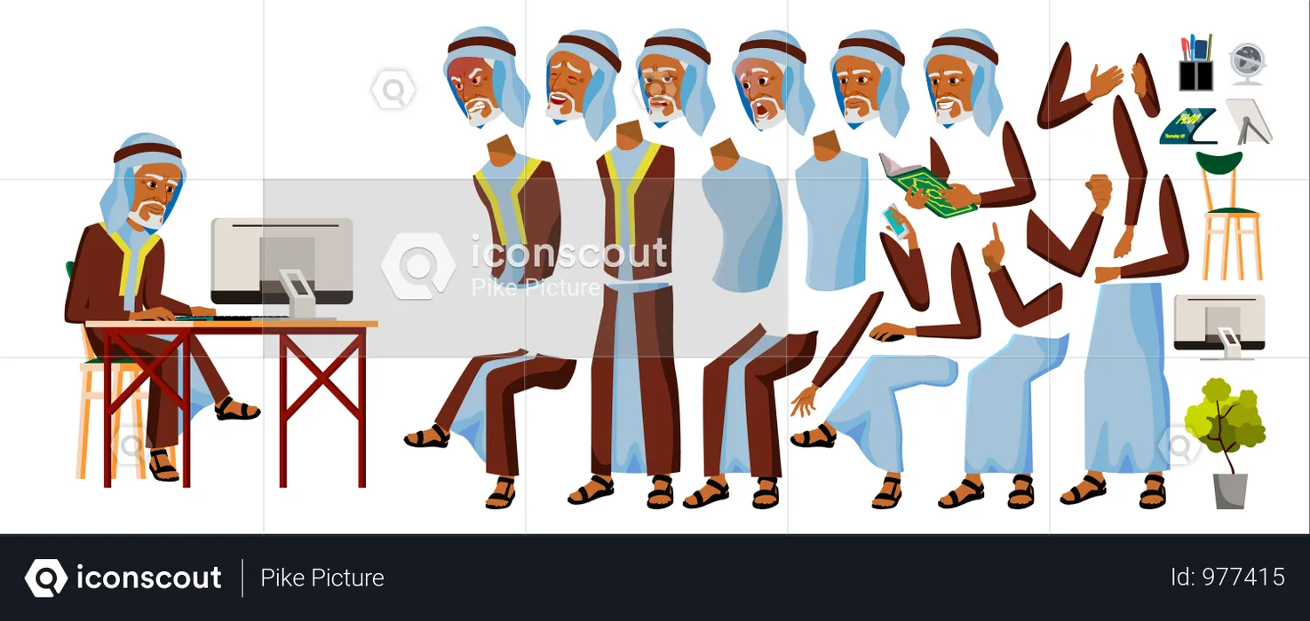 Arab Old Man Working In Office  Illustration