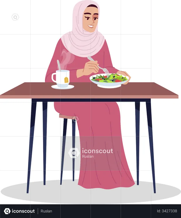 Arab woman eating salad with hot tea  Illustration