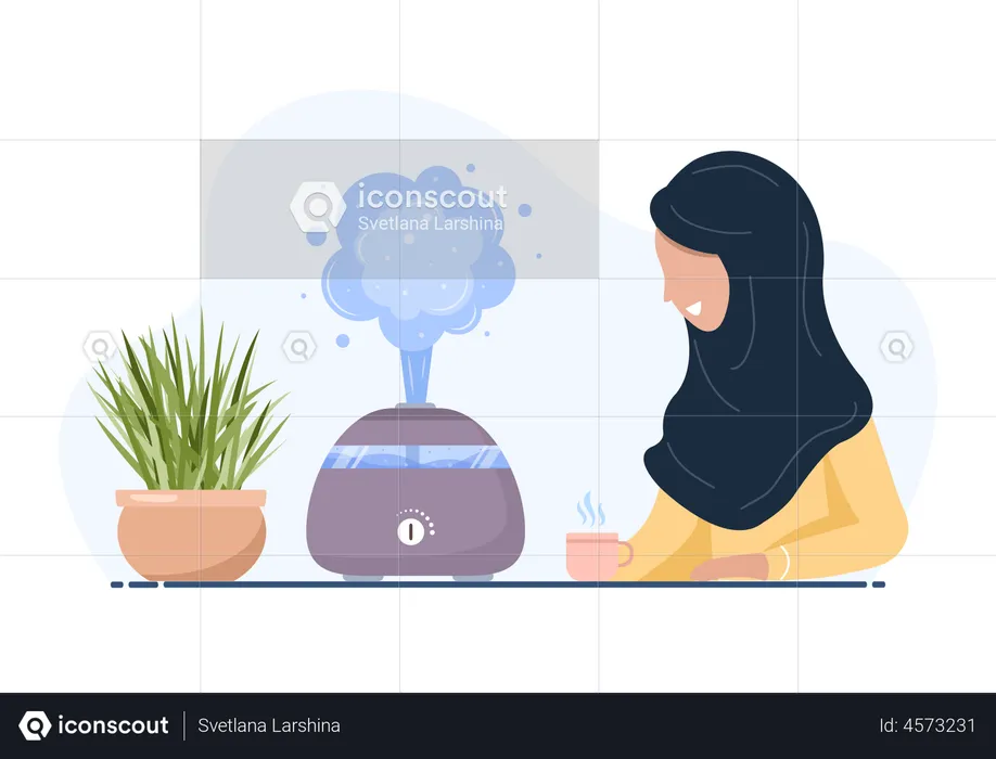 Arab woman enjoys the fresh moist air at home  Illustration