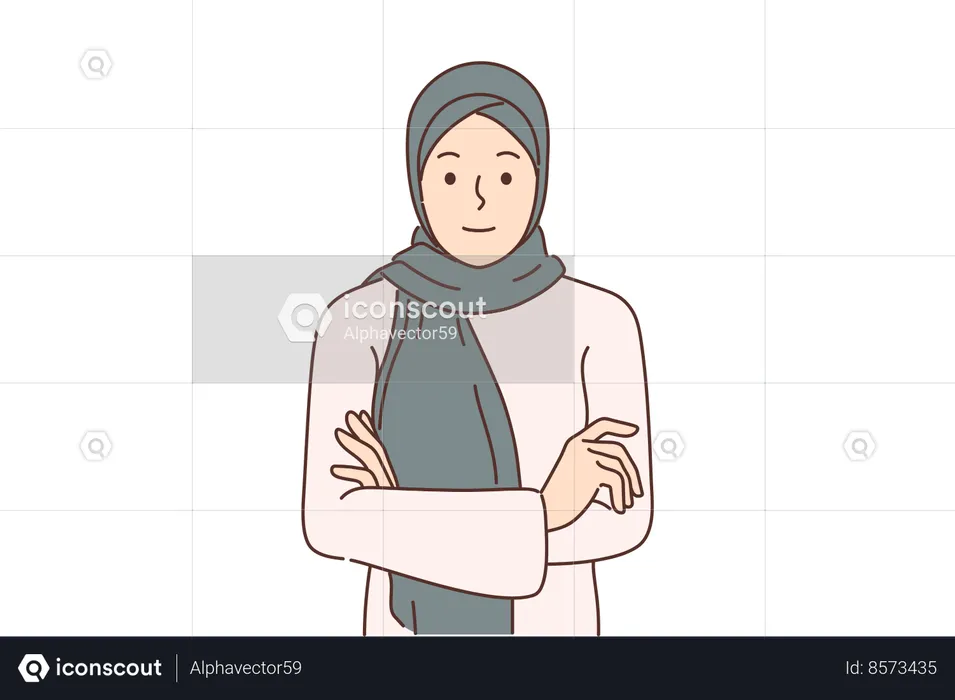 Arab woman in hijab stands with arms crossed  Illustration