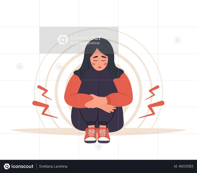 Arab woman in hijab with abdominal cramps  Illustration