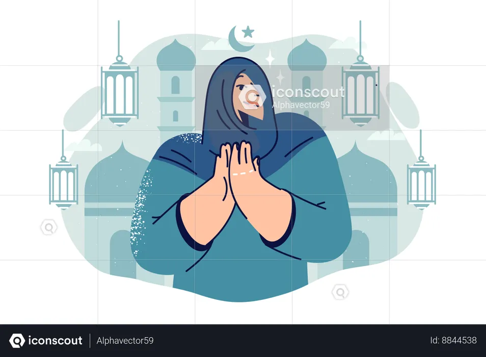 Arab woman prays standing near mosque  Illustration