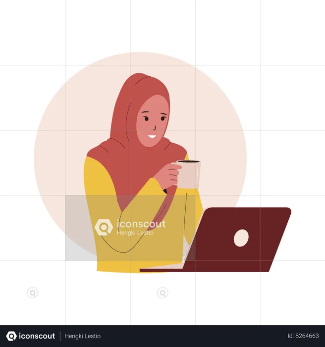 Arab Woman using laptop and drink coffee  Illustration