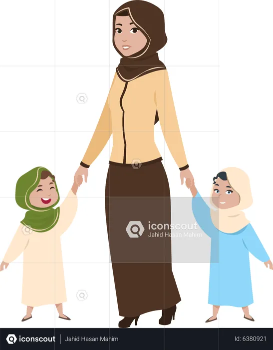 Arab woman walking with kids  Illustration