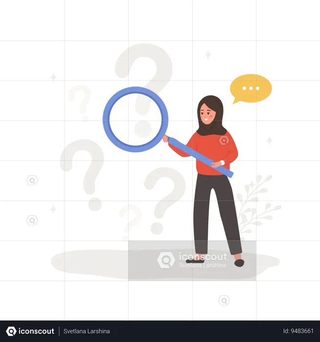 Arab woman with magnifying glass search for answers  Illustration