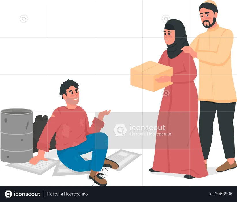 Arabian couple help homeless man flat color vector faceless character  Illustration