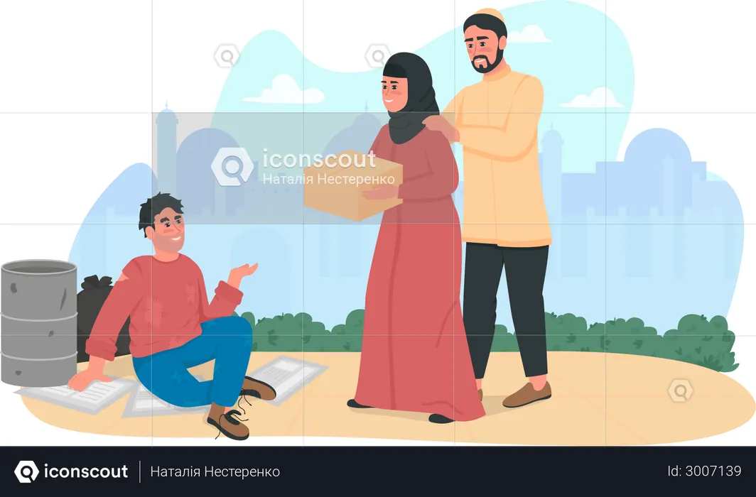 Arabian couple helping homeless person  Illustration