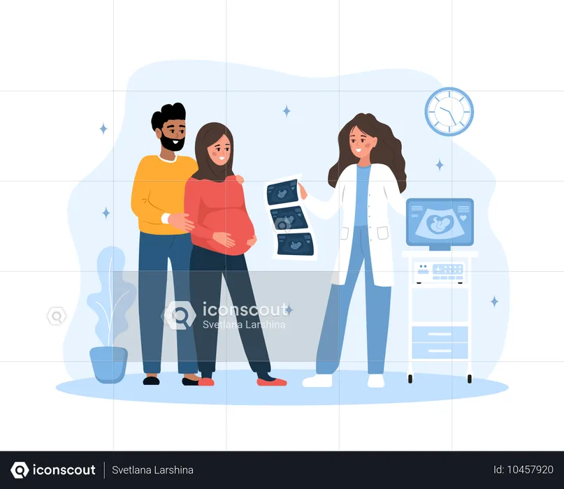 Arabian family looking Ultrasound pregnancy screening report  Illustration