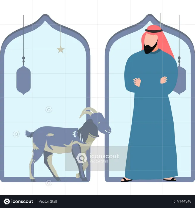 Arabian man looking at goat  Illustration