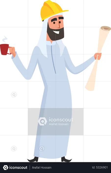 Arabic builder holding house plan and coffee  Illustration