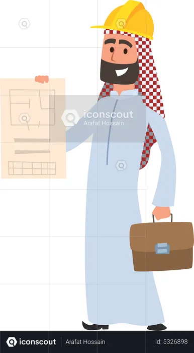 Arabic builder showing building plan  Illustration