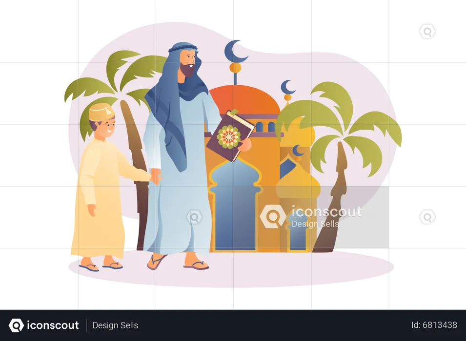 Arabic father going to mosque with son  Illustration