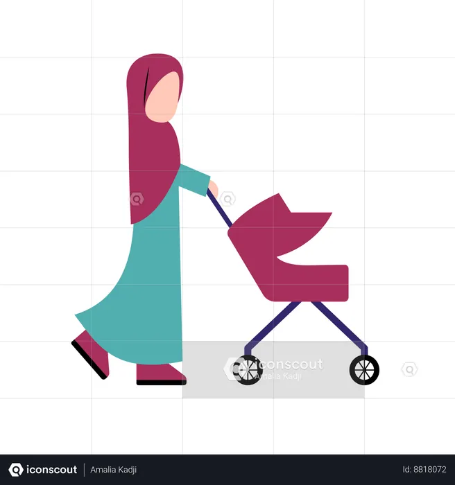 Arabic Mother With Baby Stroller  Illustration
