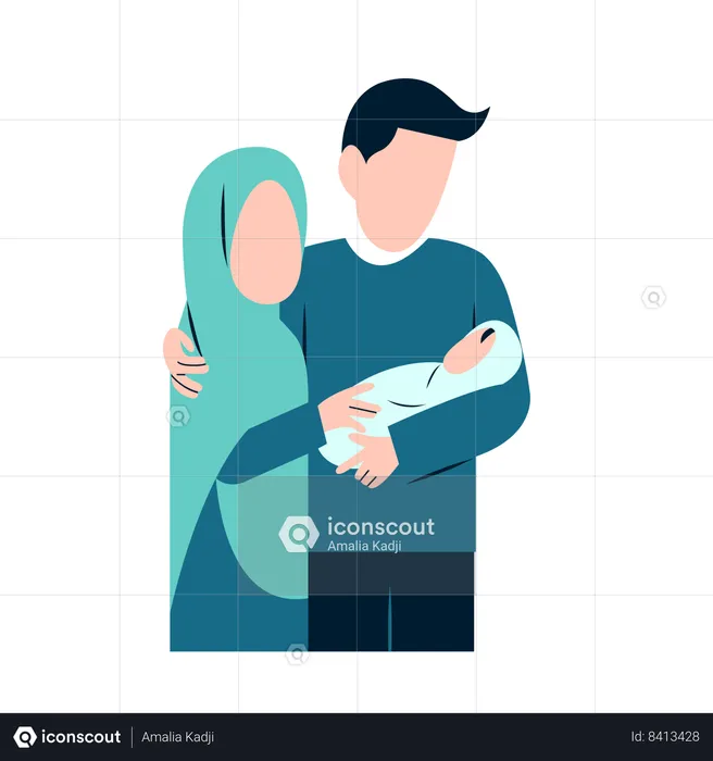 Arabic Parents With Newborn Baby  Illustration