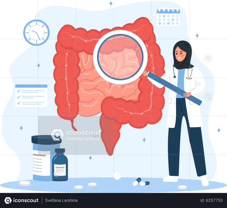 Arabic woman in lab coat analysis perianal area  Illustration