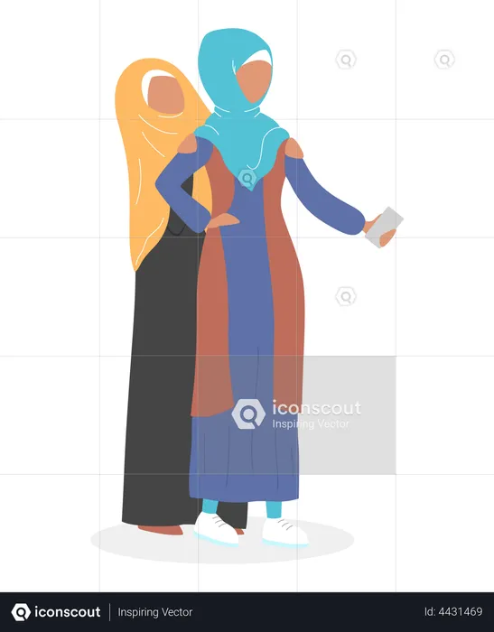Arabic woman taking selfie with friend  Illustration