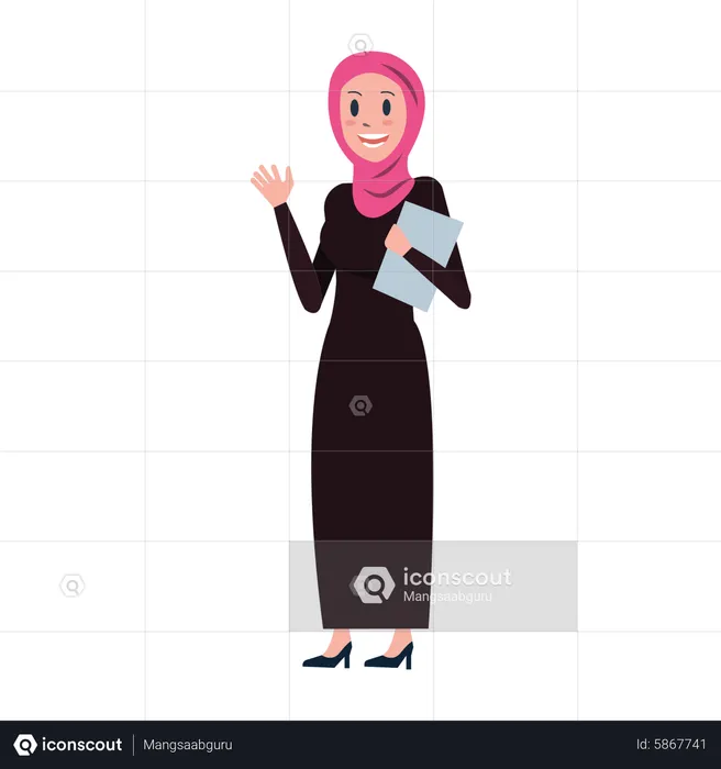Arabische Geschäftsfrau hält Klemmbrett und sagt Hallo  Illustration