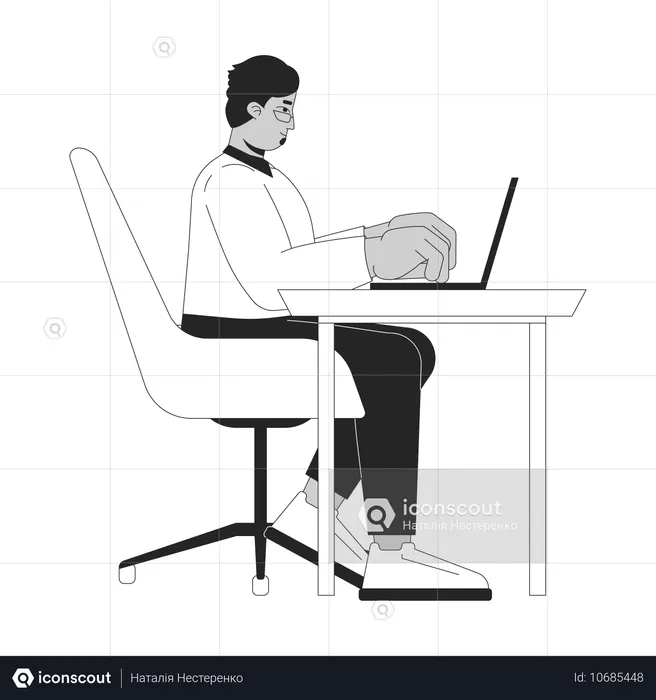 Arabischer Mann sitzt mit Laptop am Schreibtisch  Illustration