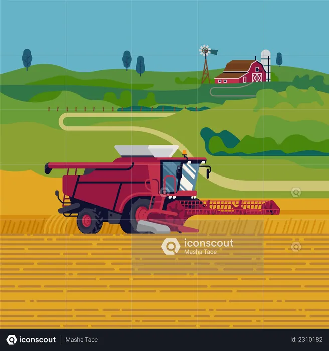 Arable field scenery with heavy machinery, red barn and green fields on background  Illustration