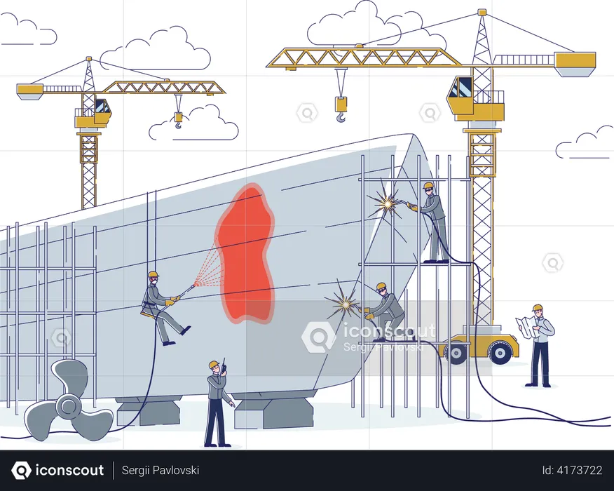 Arbeiter, die auf einer Schiffswerft arbeiten  Illustration