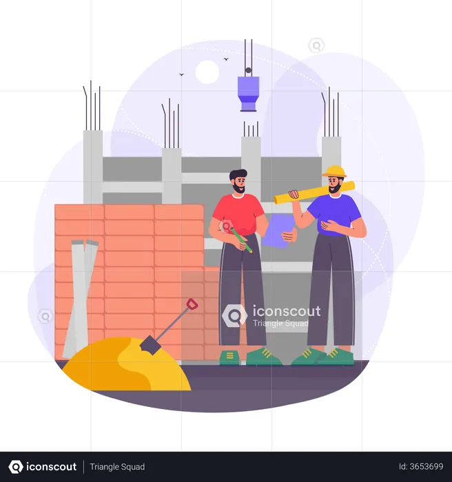 Arbeiter diskutieren Arbeit auf Baustelle  Illustration