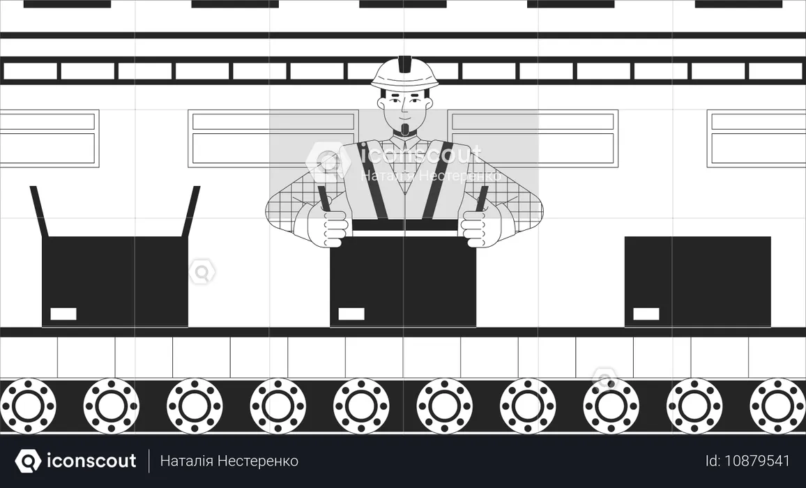 Arbeiter versiegelt Kartons auf einem Förderband  Illustration