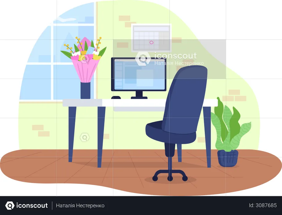 Arbeitsplatz mit Blumen in Vase  Illustration