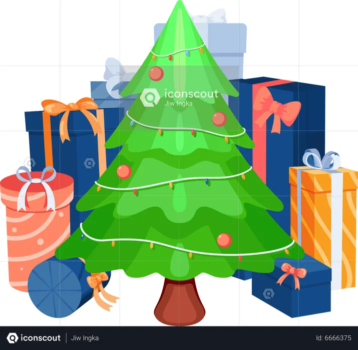 Árbol de Navidad con coloridas cajas de regalo y regalos.  Ilustración