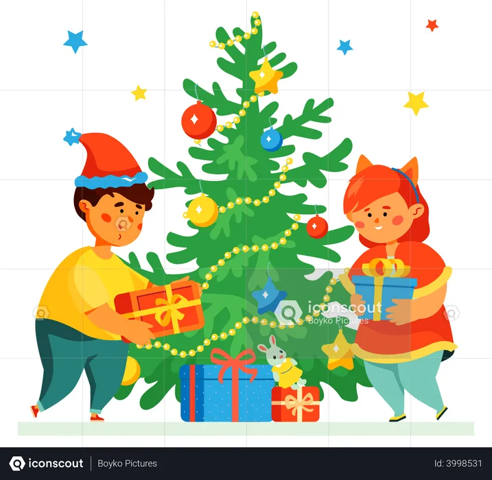 Enfants décorant un arbre  Illustration