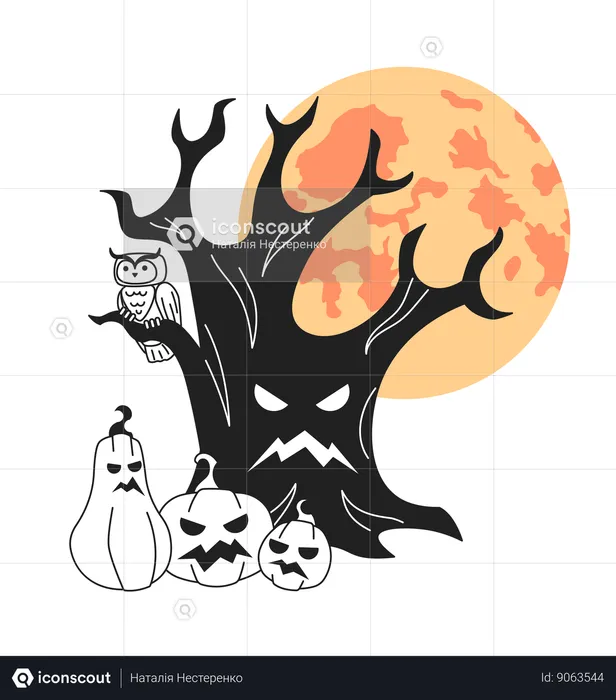 Arbre hanté avec citrouilles effrayantes et pleine lune  Illustration