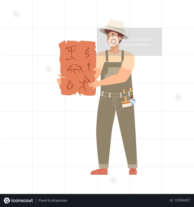 Archaeologist male holding archaeologist historical ancient artifact  Illustration