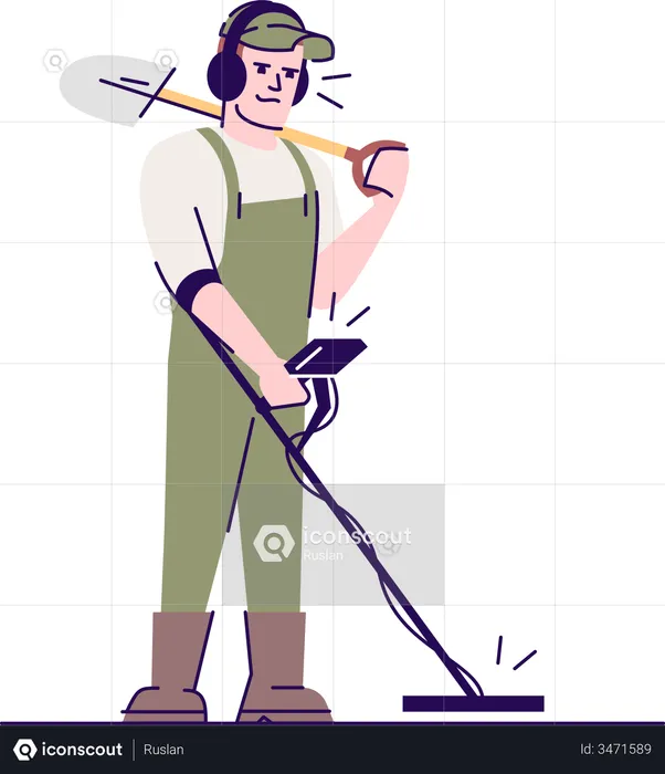 Archaeologist using metal detector and shovel  Illustration