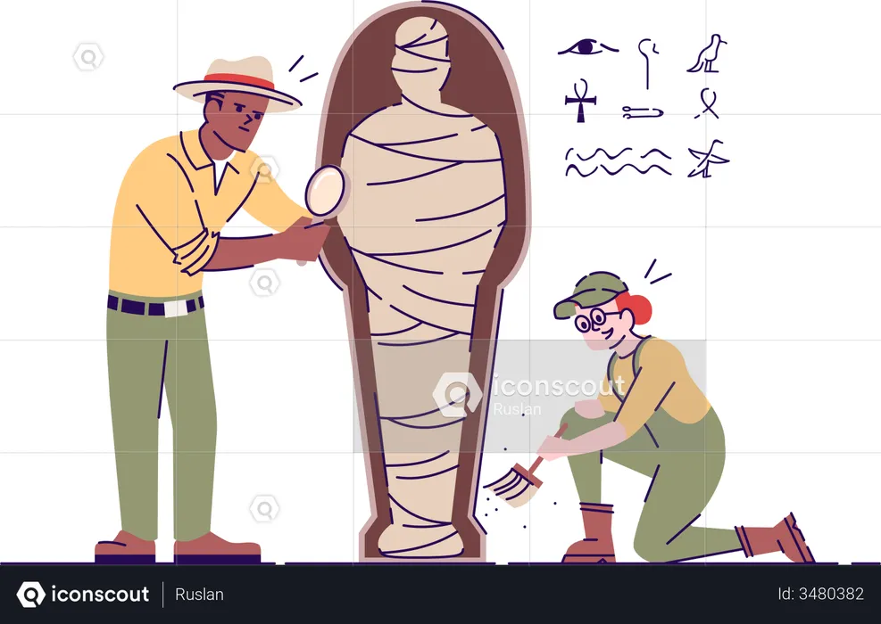 Archaeologists exploring mummy using magnifying glass  Illustration