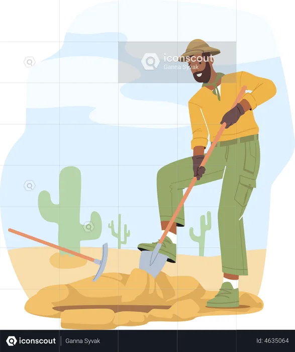 Archeologist Digging Soil with Shovel  Illustration